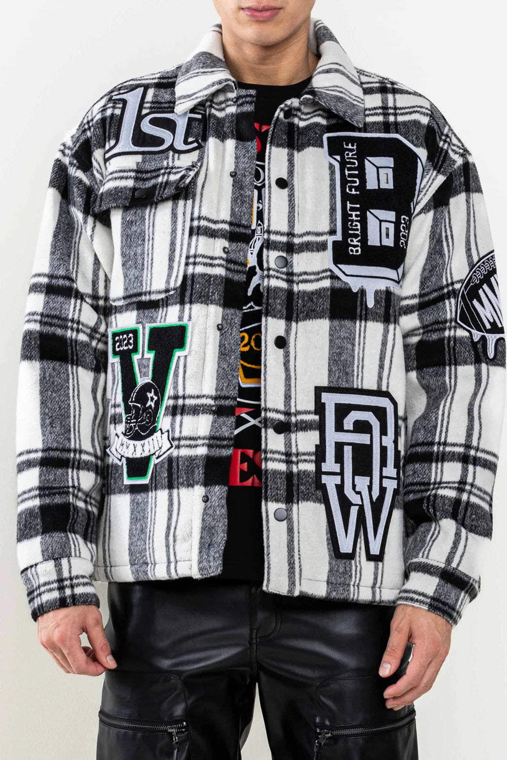 First Row - Multi Patches Wool Check Patting  - Jacket - Clique Apparel